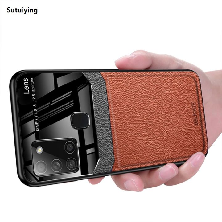 Sutuiying Case For Samsung Galaxy A21S Leather Mirror Original Tempered Glass Shockproof Phone Back Cover