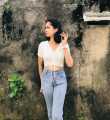 White Dot V Neck Short Sleeve Front Gather Top. 