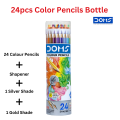 DOMS - 24Pcs colour pencil with metal bottle - Free Sharpener and Silver Gold two pencils. 