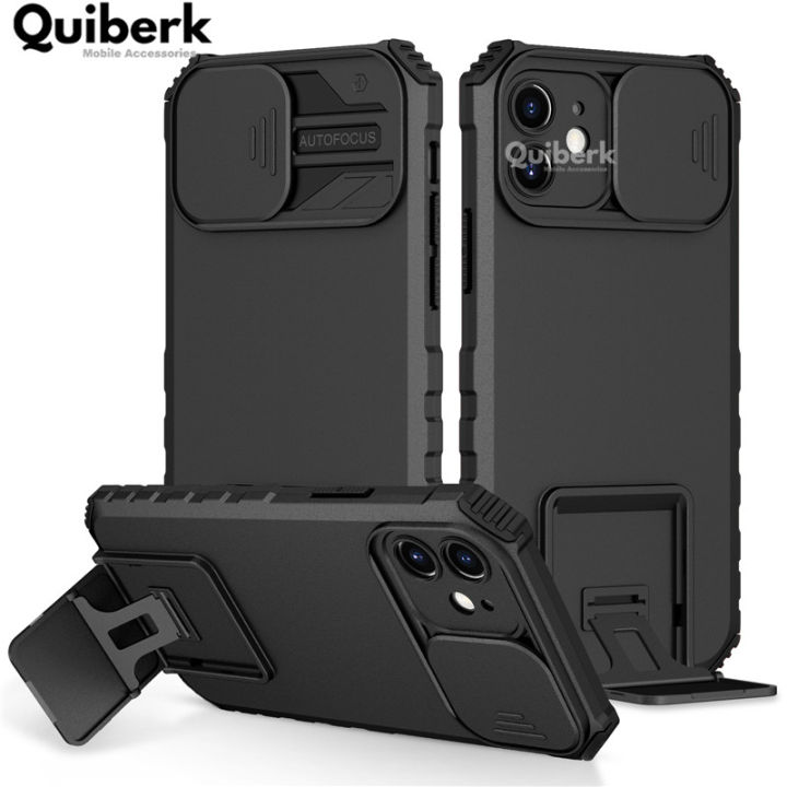 Quiberk for iPhone 12 Phone Case Slide Camera Cover Kickstand Hard Shockproof Armor Back Casing