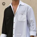 Lans Men's Oversized Patchwork Cuban Collar Shirt – Trendy Contrast Design, Casual Long Sleeve Wear (XS to 3XL). 