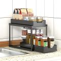 Double Layer Spice Rack Storage Rack Pull-out 4 Hooks Sliding Drawer Cabinet Basket Organizer Kitchen Shelf Seasoning Holder. 