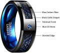 New Fashion 8mm Men Stainless Steel Celtic Dragon Ring Inlay Blue Zircon Stone Ring Blue Carbon Fibre Ring For Men Wedding Band. 