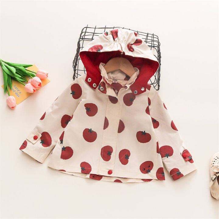 Tomato Print Infant Hooded Jacket Spring And Autumn New Girls' Baby Long Sleeve Zipper Coat Versatile Girl Children'S Clothing Suitable For 0-3 Years Old