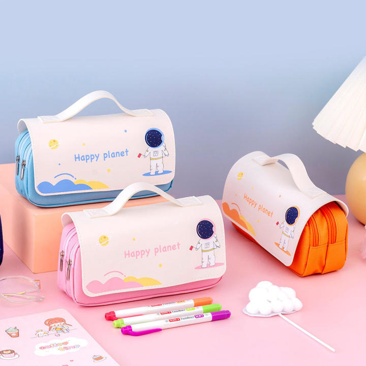 Astronaut Print Pencil Case Big Canvas Zippered Pencil Bag Large Capacity Two-Layer Stationery Pouch for Student Supplies School Stationery Desk Organizer Art Storage Writing Instruments