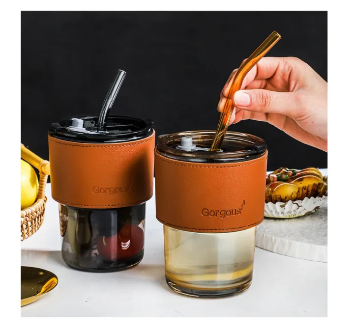 Glass Straw Cup Coffee Mug with Lid Straw 450ML Heat-Resistant Tumbler Hot Cold Milk Tea Cup 450ML heat-resistant glass cup coffee cup mug water cup straw glass cup sport Coffee Cup