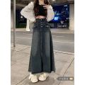 Retro Gray Maxi Long Denim Skirt Women Y2k Tassel Buttoned Bleached Blue Jeans Skirt Oversize Vintage High Waist Acubi Fashion. 