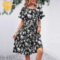Soft Fabric Summer Dress Floral Print A-line Midi Dress with Lace-up Detail for Women Summer Fashion in Asia Summer Floral Print Dress. 