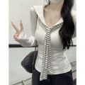 Korean Style College Style Navy Collar Striped Ribbon Long Sleeve T-Shirt for Women with Unique Design, Slimming Base Shirt for Spring and Autumn. 