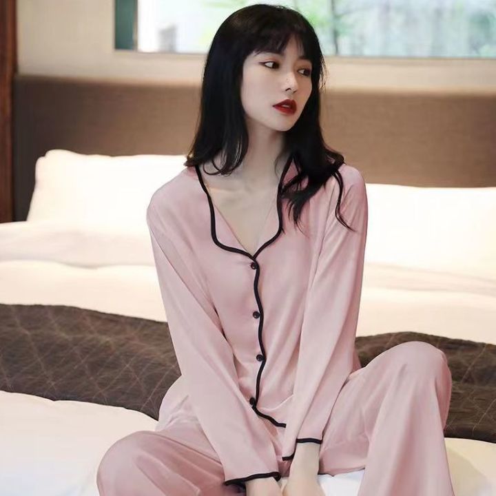 Black%20and%20White%20Simple%20Pajamas%20Women's%20Summer%20Milk%20Silk%20Thin%202024%20New%20Long%20Sleeve%20Internet%20Celebrity%20Home%20Wear%20Two-Piece%20Suit%20-%20Image%206