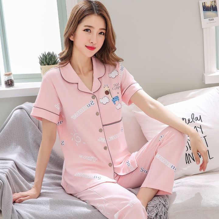 Pajamas%20Women's%20Spring%20Summer%20Short%20Sleeve%20Trousers%20Pure%20Cotton%20Pajamas%20Women's%20Summer%20Korean%20Style%20Outerwear%20Homewear%20Lapel%20Suit%20-%20Image%203