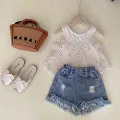 Girls Outfit Sets Summer Kids Casual Clothing For Girl Tank Top And Knit Top+Denim Shorts 3PCS Set Children's Baby Girl Clothing. 