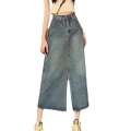 2024 new straight pear shaped slimming mid length A line hip high waist split denim skirt for women in summer. 