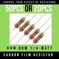 50Pcs / 20Pcs Resistors - 330 ohm Carbon Film Resistor 1/4 W Resistance 0.25 Watt 4 Color Band High Quality For DIY. 