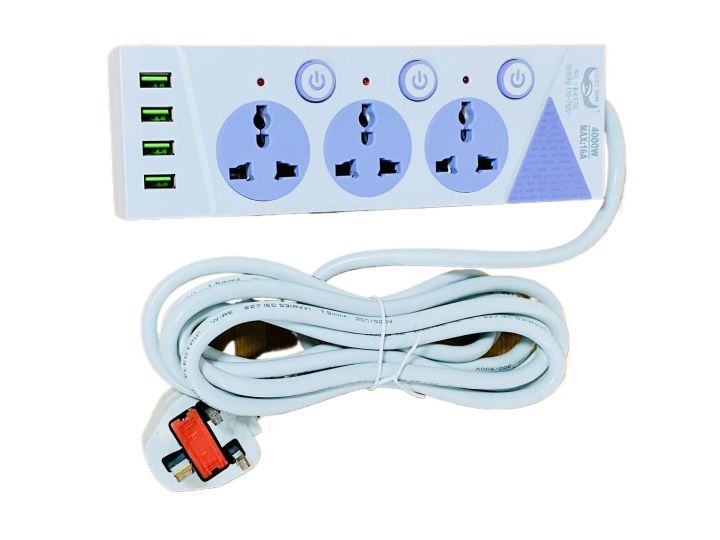 Power Extension Wire Cord With 3 Ac Sockets + 4 USB Ports‎ (K3LH4USB)