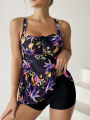 2023 Floral Printed Tankini Set Two Piece Swimsuit Short Women Drawstring Swimwear Female Bathing Suit Beachwear Swimming Summer. 