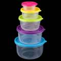 Round High Temperature Resistant Plastic Containers Set 5 Pieces/ 5 peices plastic bowl / tub set/ multicolor lid. 