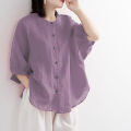 bellylady Summer Lantern Sleeve Tops For Girls Students Solid Color Cotton Linen Blouse Round Neck Pullover Shirt. 