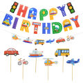 Happy Birthday Banner Cartoon Airplane Car Vehicle Cake Per Transportation Theme Decorations Baby Shower Kids Party Supplies. 