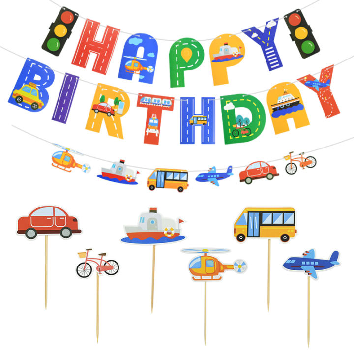 Happy Birthday Banner Cartoon Airplane Car Vehicle Cake Per Transportation Theme Decorations Baby Shower Kids Party Supplies