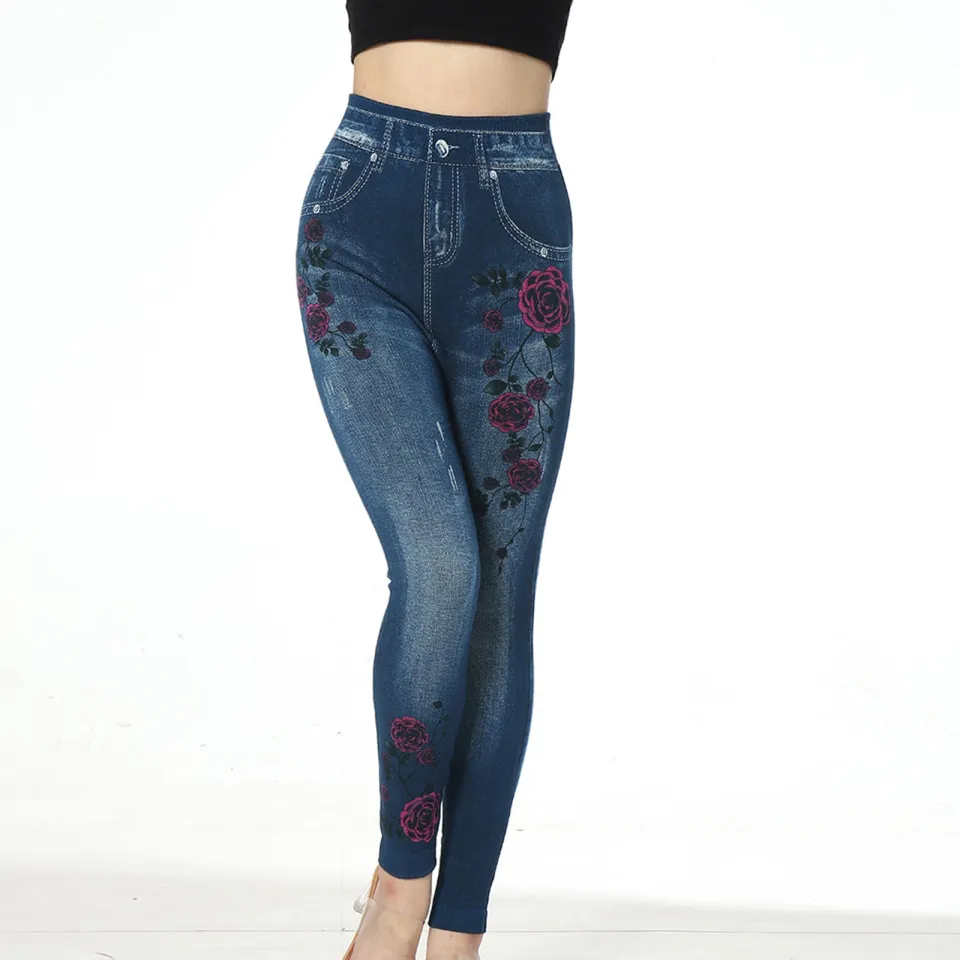 Dyegold Jean Leggings for Women Denim Print Fake Jeans Look Like