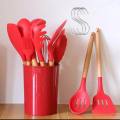 12 pieces Non-Stick Red Silicone Kitchen Cooking Utensils Tools Set with Wooden Handle. 