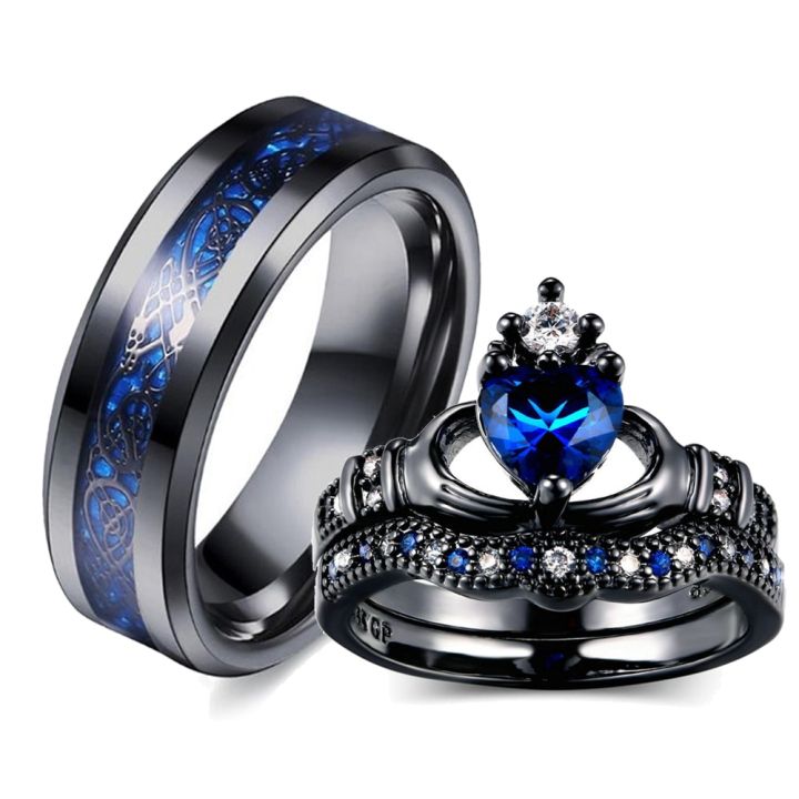 Charm Couple Ring Men's Stainless Steel Celtic Dragon Ring Blue