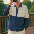 Lans Men's Cuban Collar Patchwork Long Sleeve Shirt – Stylish Contrast Design, Oversized Casual Wear ( S to 3XL ). 