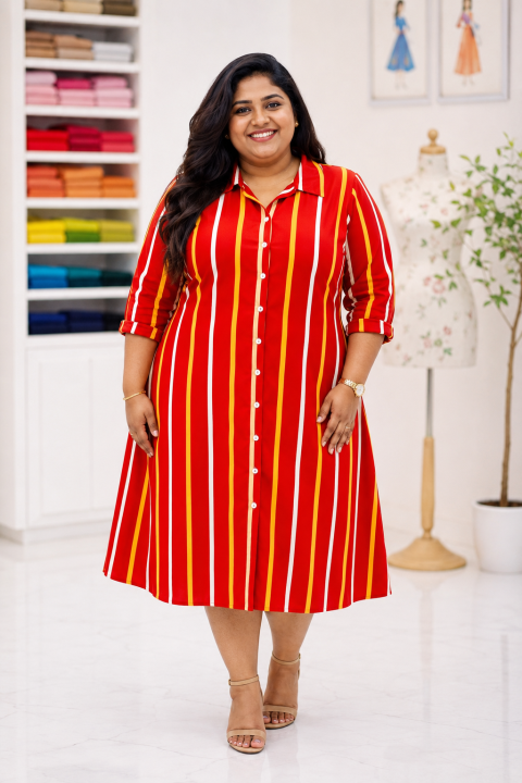 Plus Size Striped Shirt Frock for Women - Long Sleeve Shirt Collar Button Down Casual Midi Dress