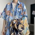 Hong kong style retro ulzzang Short Sleeve Printed Shirt Men's Harajuku Style Loose ins Shirt Beach Couple Sun-Protective Clothing Tide. 