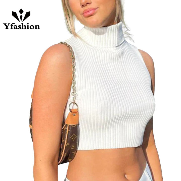 Yfashion Sleeveless Mock Turtleneck Tank Top For Women Y2K Ribbed Knit Slim Fit Solid High Neck Cropped Cami Top