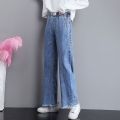 Junior High School Student Wide Leg Jeans for Women Spring and Autumn2023New Girl Loose Waist Trimming Older Children Straight-Leg Pants. 