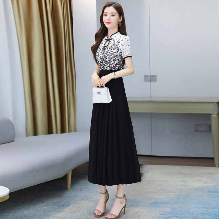 bellylady%20Women%20Cotton%20Cheongsam%20Dress%20Summer%20Short%20Sleeves%20Stand%20Collar%20A-line%20Skirt%20High%20Waist%20Large%20Swing%20Dress%20-%20Image%206