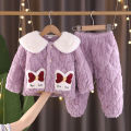 pajamas for kids Children's flannel pajamas, winter three-layer plush loungewear for boys and girls, plush loungewear, hooded coral velvet thick set. 