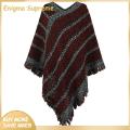 Enigma- Cloak Coat Thick Striped Print Fringe Trim Loose Shawl Coat. 