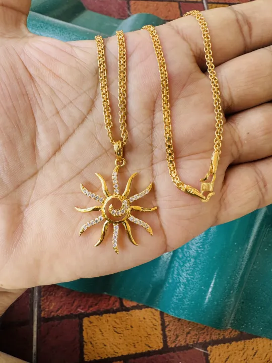 Gold%20plated%203mm%2018/24%20Inch%20Bismark%20chain%20with%20sun%20design%20Pendant%20with%20stone%20for%20women%20-%20Image%203