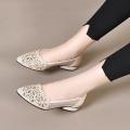 Genuine Leather 2024 New Hollow Glittering Diamond Spring and Summer Pointed Toe Breathable Wide Feet Mom Shoes Thick Heel Soft Bottom Fashion Small Pumps. 