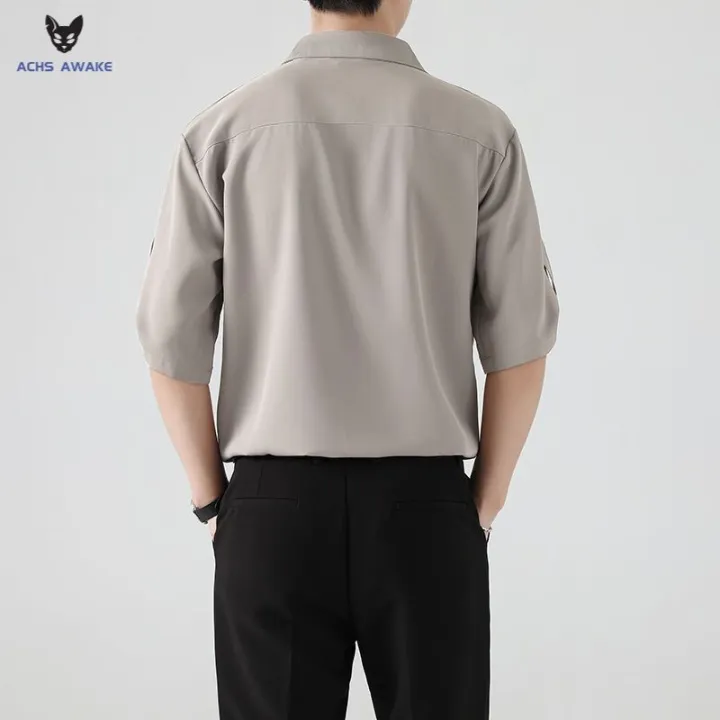 ACHS%20AWAKE%20Short-Sleeved%20Shirt%20Men's%20Spring%20and%20Summer%20Ruoshuai%20High-Grade%20Korean%20Style%20Trendy%20Casual%20Ice%20Silk%203/4%20Sleeve%20Shirt%20-%20Image%203
