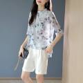 Chinese Style Printed Chiffon Shirt Female Summer Fashion Round Neck New Chic Design Casual OL Thin Shirts. 
