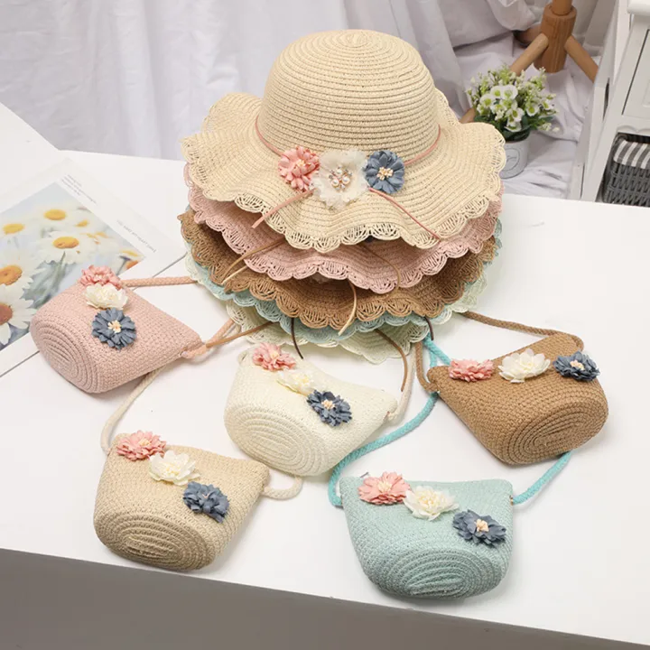 Kids Girls Large Wide Flower Straw Woven Sun Protection Beach Hat Colorful Sunscreen Ball Summer Floppy Bucket Cap Portable Handbag