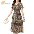 【ETOP】Women V-neck Dress Summer Ice Silk Short Sleeves A-line Skirt Large Size Loose Casual Dress Fashion Clothing. 