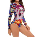 Women's One-Piece Swimsuit, 3D Print Long Sleeve Round Neck Hollow Out Back Bathing Bodysuit. 