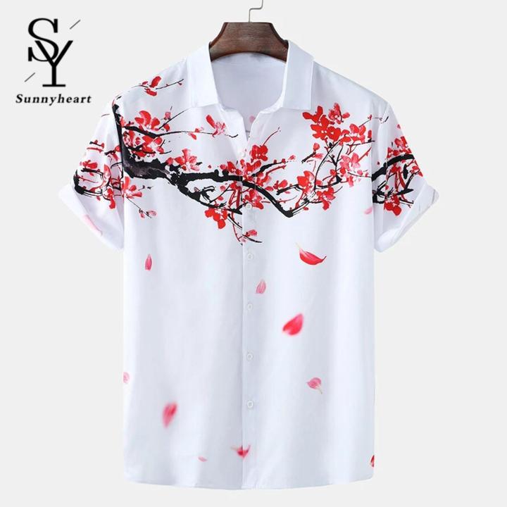 Sunnyheart%20Shirt%20for%20Men%20-%20Summer%20Wear%20Polyester%20Shirt,%20Ink%20&%20Wash%20Plum%20Blossom%20Flower%20Print%20Top%20in%20White%20Color%20-%20Image%207
