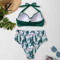 Zentora Floral Print Bikini Set Leaf Print High Waist Bikini Set for Women Halter Top Quick Drying Swim Trunks Beachwear Set for Bikini Set. 
