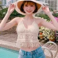 Tassel Tank Top Women's Embroidered Cotton Cropped Tank Hollow Out Knitted Bra for Beachwear Yoga Apparel Ladies Fashion Boho Style Casual Wear Summer. 