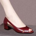 Red Women's Leather Chunky Heel Sandals Summer New Hollow-out Work Shoes Versatile Mom Shoes Stylish Peep Toe. 