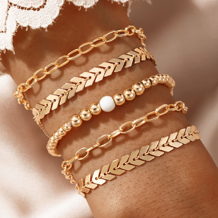 5pcs/sets Bohemian Leaf Gold Bracelets for Women Charms Beaded Chain Adjustable Jewelry Accessories  15774