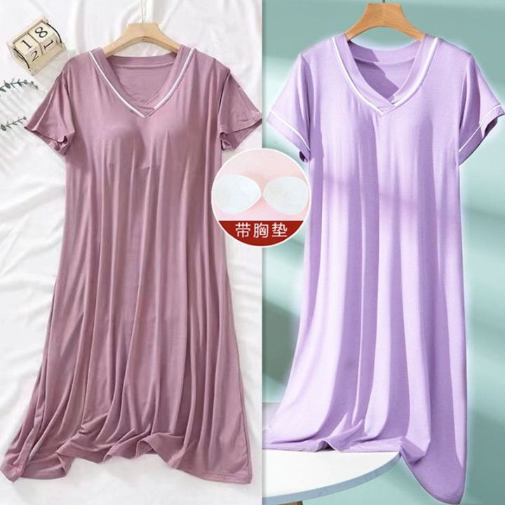 2023New%20Padded%20Nightdress%20Women's%20SummerVCollar%20Thin%20Bra-Free%20Loose%20Large%20Size%20Short%20Sleeve%20Home%20Wear%20-%20Image%207