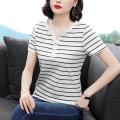 2023Summer New Top Striped Short SleeveTT-shirt Women's Summer Large Size Slimming Korean Style Loose All-Matching Flab Hiding Women's Clothing. 