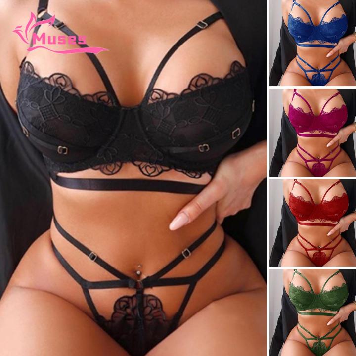 Muses Mall Breathable Bra Panties Set Lace Bra Panties Set for Wedding Night High Waist Adjustable Straps Soft Breathable 2 Pcs/set Bra Panties Set